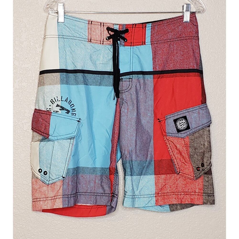 Billabong Mens Swimsuit Sz 30 Red White Blue Cargo Pocket Tie Waist Swim Trunks